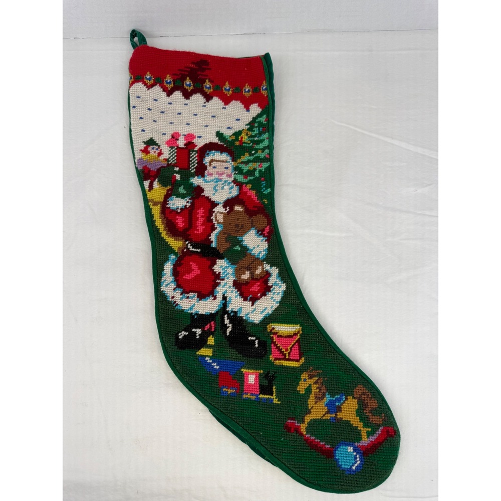 Vintage Santa Claus Needlepoint Christmas Stocking Green Velvet Back Toy Scene